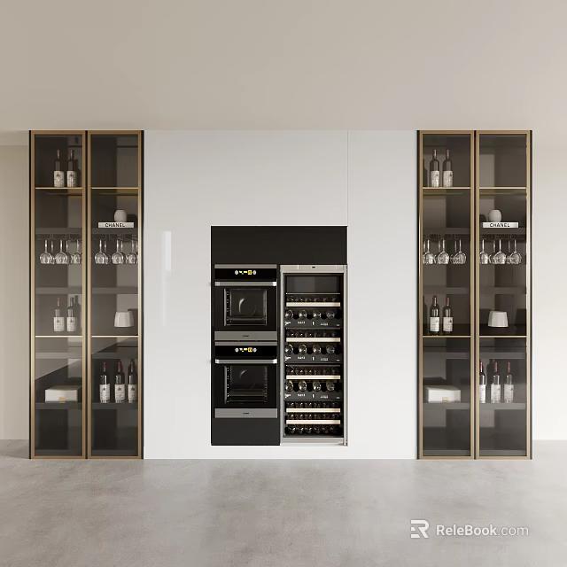 Modern Wine Cabinet Interior with Glass Doors Built-in Oven and Wine Bottles 3d model 