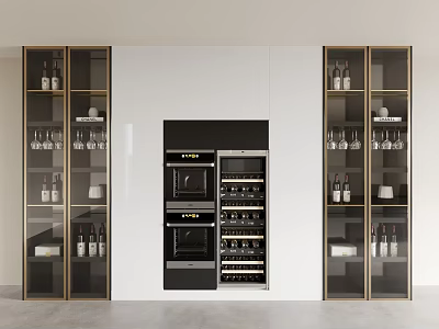 Modern Wine Cabinet Interior with Glass Doors Built-in Oven and Wine Bottles 3d model