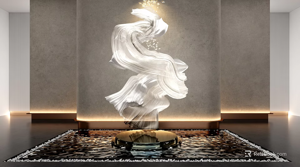Elegant Flowing White Sculpture With Water Base In Modern Interior Lighting 3d model 