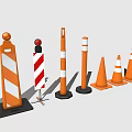 Various Sizes Of Orange Traffic Cones And Striped Warning Posts For Road Safety Equipment