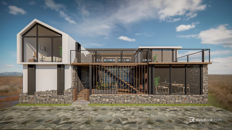 Modern Homestay Building With Stone Wall Glass Curtain Wooden Railings Outdoor Terrace And Green Plants 3d model 