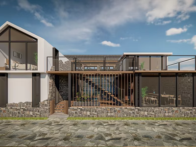Modern Homestay Building With Stone Wall Glass Curtain Wooden Railings Outdoor Terrace And Green Plants 3d model
