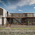 Modern Homestay Building With Stone Wall Glass Curtain Wooden Railings Outdoor Terrace And Green Plants