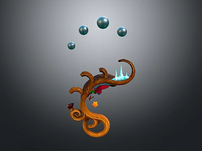 Decorative Wooden Pendant Light With Curved Design Hanging Spheres And Colorful Accents 3d model