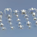 White Spider Models of Various Sizes Displayed on Blue Background with Reflections