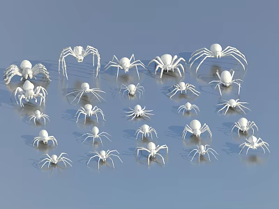 White Spider Models of Various Sizes Displayed on Blue Background with Reflections 3d model