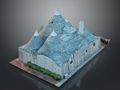 Detailed Traditional Stone Building Model With Multiple Conical Roofs And Greenery 3d model