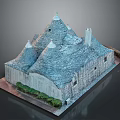 Detailed Traditional Stone Building Model With Multiple Conical Roofs And Greenery
