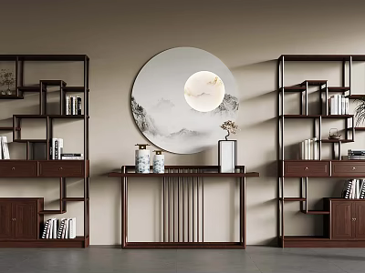 Chinese Style Interior With Wooden Shelves Circular Mirror Vases And Books 3d model