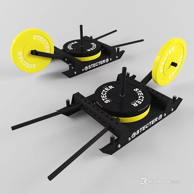 High Quality SPECTER Fitness Weight Plates with Yellow Discs and Barbell Rack 3d model 