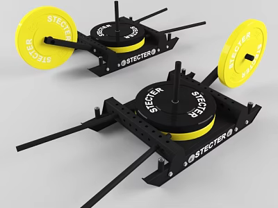 High Quality SPECTER Fitness Weight Plates with Yellow Discs and Barbell Rack 3d model