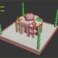 Cartoon Scene Of 3D Light colored Taj Mahal Model With Dome And Minarets On Textured Base