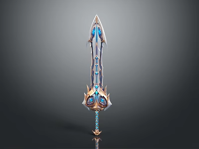 Ornate Fantasy Sword Design With Blue Crystal Accents And Gold Decorative Patterns 3d model
