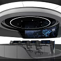 Modern Control Room Interior With Curved Console Multiple Digital Displays World Map And Circular Lighting