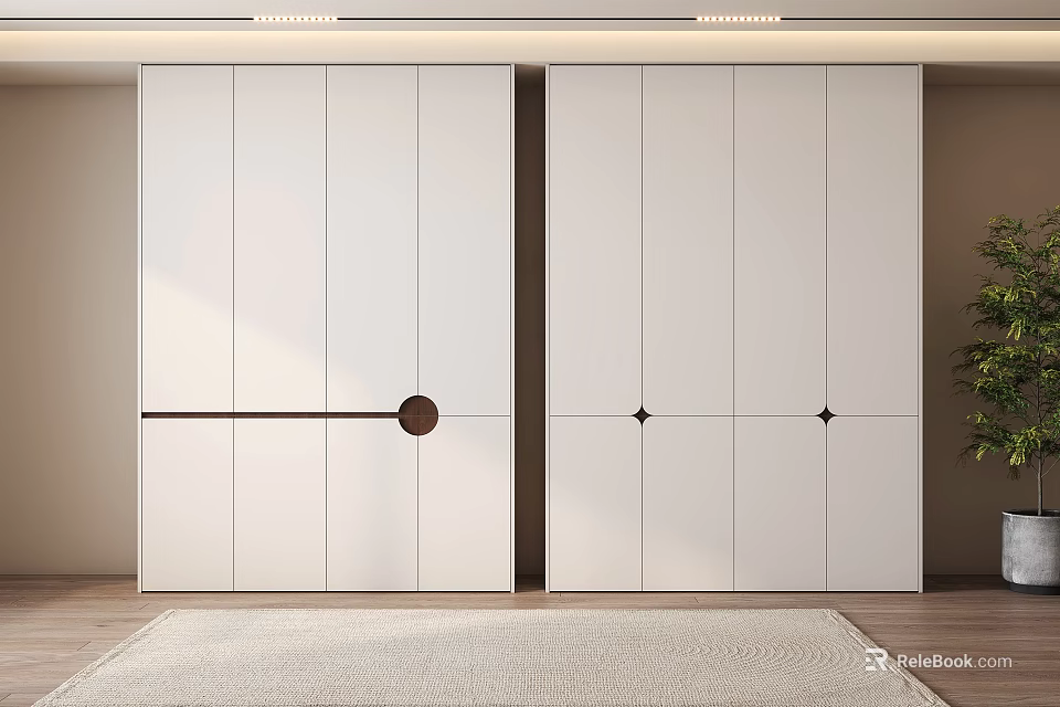 White Modern Wardrobe with Sliding Doors in Room with Wooden Floor and Green Plant 3d model 