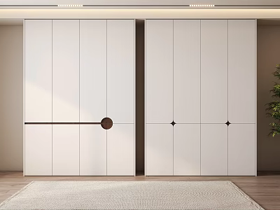 White Modern Wardrobe with Sliding Doors in Room with Wooden Floor and Green Plant 3d model