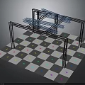 Metal Frame Structure With Blue Beams On Checkered Floor And Colorful Stars