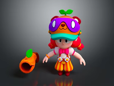 Cartoon Girl Character With Red Pigtails Purple Goggles Green Leaf Hat And Orange Tube 3d model