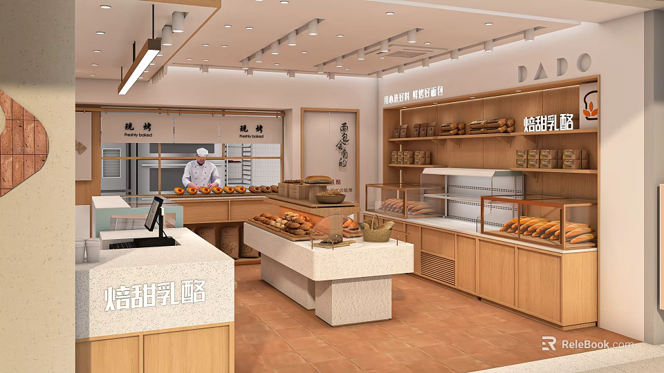 Bakery Dessert Shop Interior With Fresh Bread Display Cases And Cheese Desserts Counter 3d model 