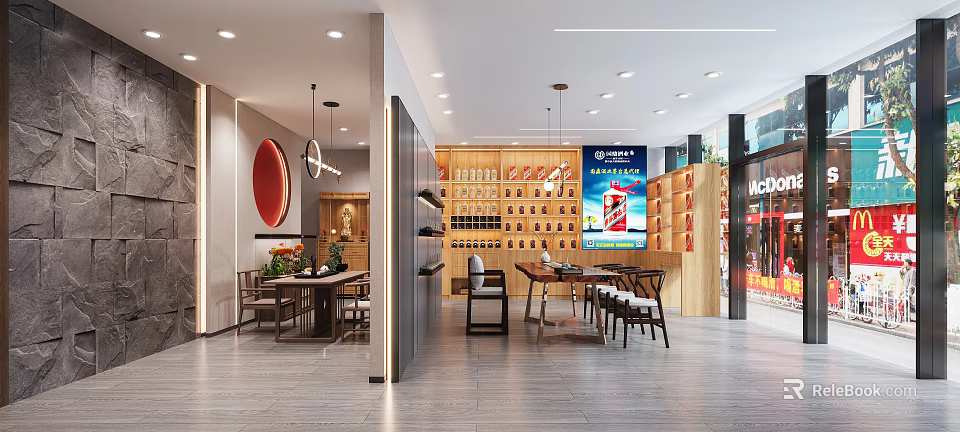 Modern Tobacco and Alcohol Store Interior with Wooden Display Shelves and Dining Tables 3d model 