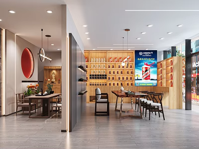 Modern Tobacco and Alcohol Store Interior with Wooden Display Shelves and Dining Tables 3d model
