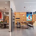 Modern Tobacco and Alcohol Store Interior with Wooden Display Shelves and Dining Tables