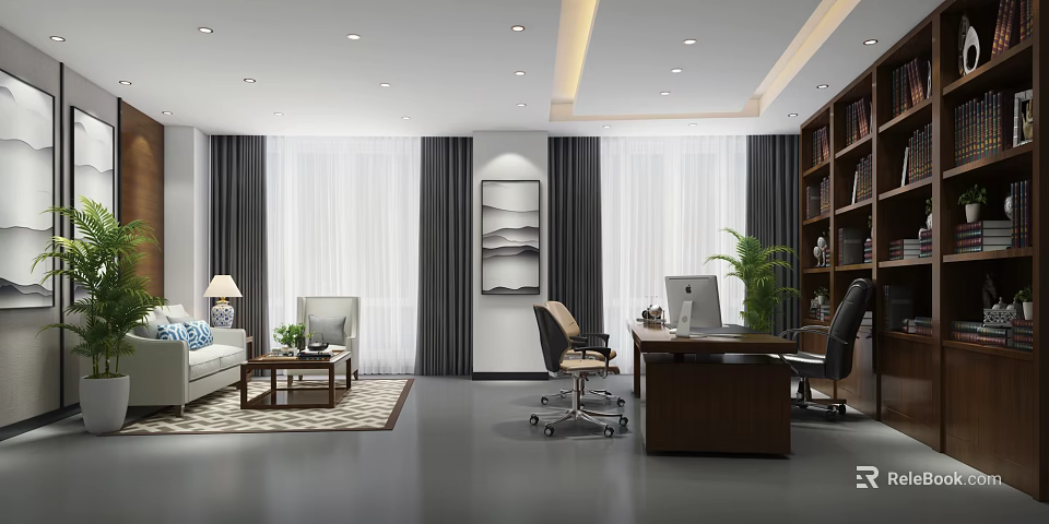 Modern Office Interior Design With Desk Computer Sofa Coffee Table Bookshelf And Plant 3d model