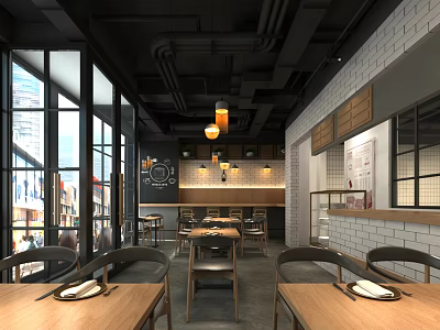 Modern Dessert Shop Interior With Black Ceiling Exposed Pipes And Wooden Tables 3d model