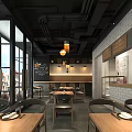 Modern Dessert Shop Interior With Black Ceiling Exposed Pipes And Wooden Tables