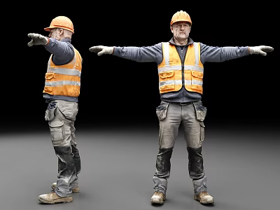 Two Men In Orange Safety Vests And Hard Hats Stretching Arms On Black Background 3d model