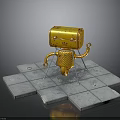 Vintage Yellow Robot With Suitcase Head Metal Body Mechanical Arms Legs On Gray Square Tiles