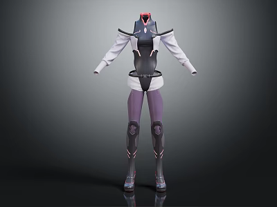 Futuristic Techwear Outfit With Armored Vest White Long Sleeves Purple Leggings And Mechanical Boots 3d model