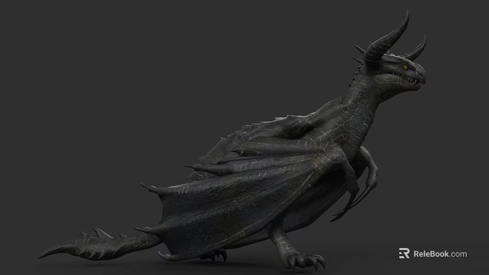 3D Rendered Black Reptile With Winged Body Horns And Sharp Claws In Fierce Posture 3d model 