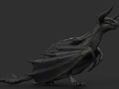 3D Rendered Black Reptile With Winged Body Horns And Sharp Claws In Fierce Posture 3d model