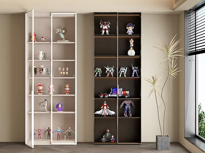 Modern White and Dark Display Cabinets with Collectible Figures and Shelves 3d model