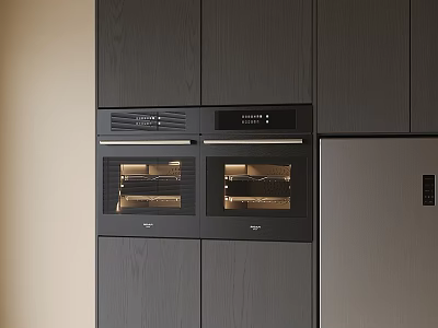 Modern Kitchen Interior With Integrated Built-in Ovens And Dark Wood Cabinets 3d model