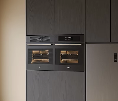 Modern Kitchen Interior With Integrated Built-in Ovens And Dark Wood Cabinets 3d model