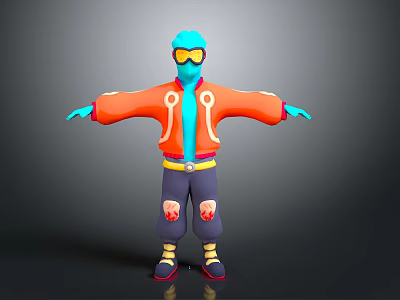 Blue Fictional Creature In Orange Jacket With Yellow Goggles Torn Dark Pants And Arms Outstretched 3d model
