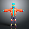 Blue Fictional Creature In Orange Jacket With Yellow Goggles Torn Dark Pants And Arms Outstretched