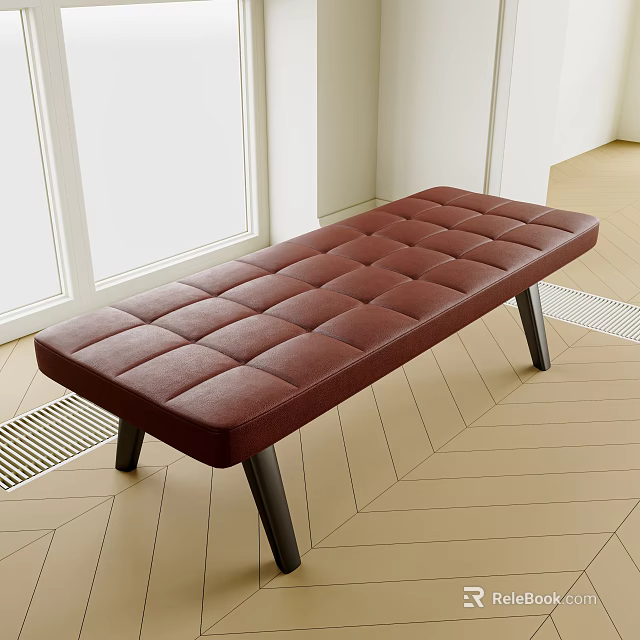 Burgundy Tufted Leather Sofa Bench With Black Legs In Modern Interior Herringbone Floor 3d model 