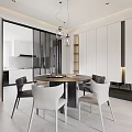 Modern Restaurant Interior With Round Dining Table Grey Chairs And Pendant Lights 3d model