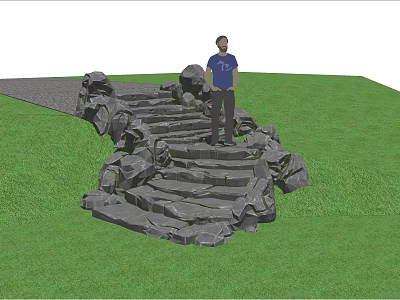 Natural Garden Ornament Stone Steps Surrounded by Green Grass and Rock Elements 3d model