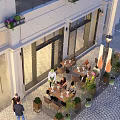 Outdoor Restaurant Terrace With Tables Chairs Dining Customers Plants And Stone Pavement