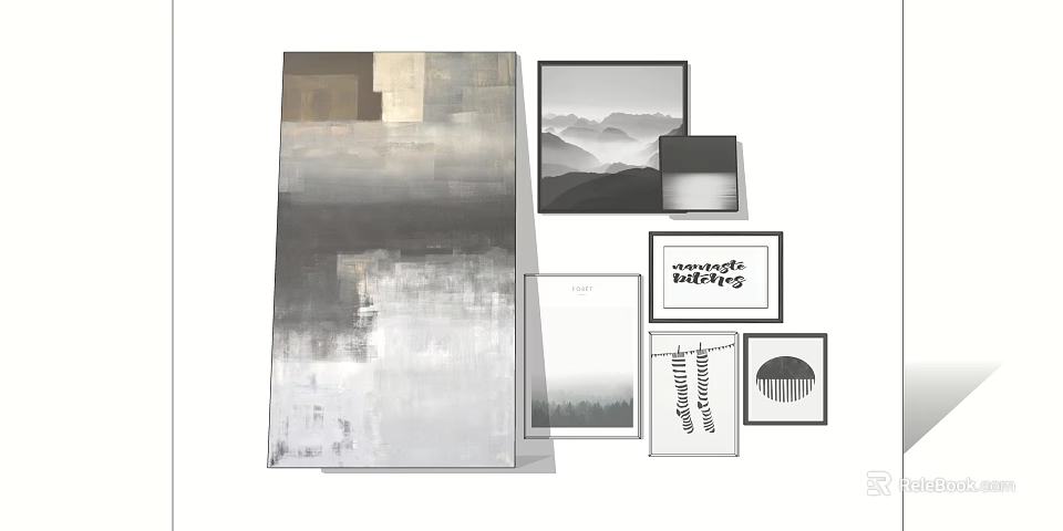 Abstract Black White Wall Art Collection With Mountain Prints And Text Designs 3d model 