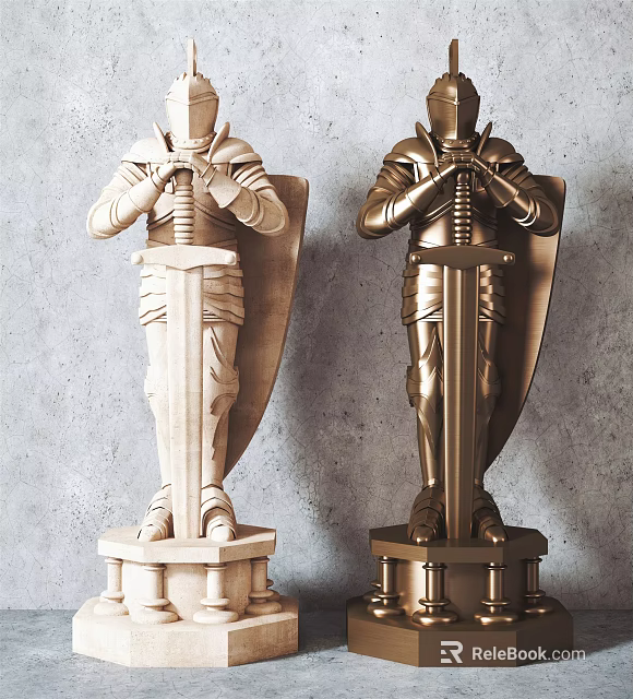 Knight Sculptures in Armor Holding Swords on Light and Golden Pedestals 3d model 