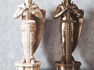 Knight Sculptures in Armor Holding Swords on Light and Golden Pedestals 3d model