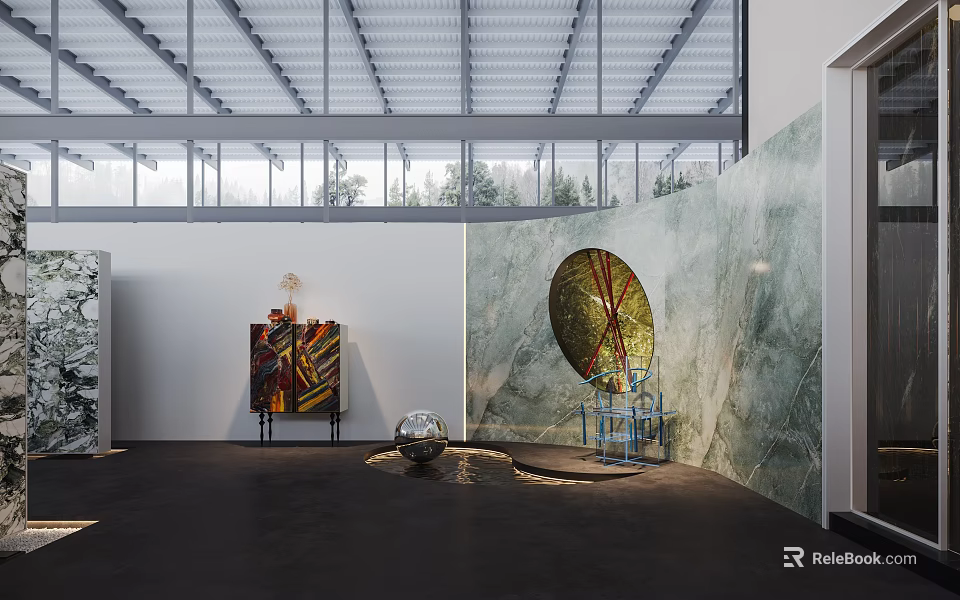 Modern Art Exhibition Space Featuring Large Circular Artwork Colorful Painting Sculptures And Metal Grid Ceiling 3d model 