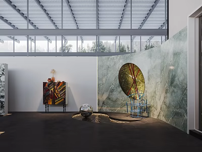 Modern Art Exhibition Space Featuring Large Circular Artwork Colorful Painting Sculptures And Metal Grid Ceiling 3d model