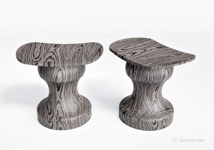 Two Wooden Stools With Curved Top Sculptural Base And Natural Texture 3d model 