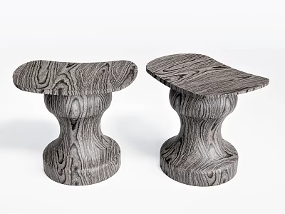 Two Wooden Stools With Curved Top Sculptural Base And Natural Texture 3d model